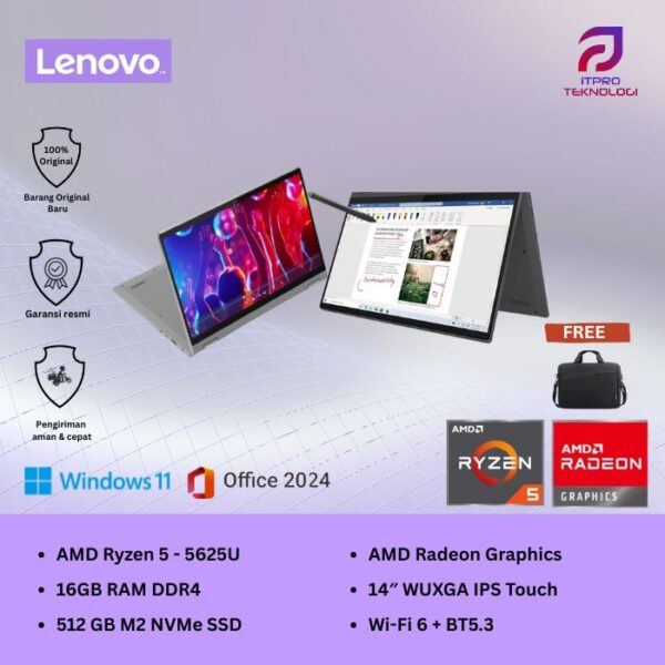 Lenovo Flex 5 14ABR8 Touch 2in1, Ryzen 5 - 5625U, 16GB SSD, 512GB,AMD Graph, 14″ WUXGA, W11 + OH2024 + M365