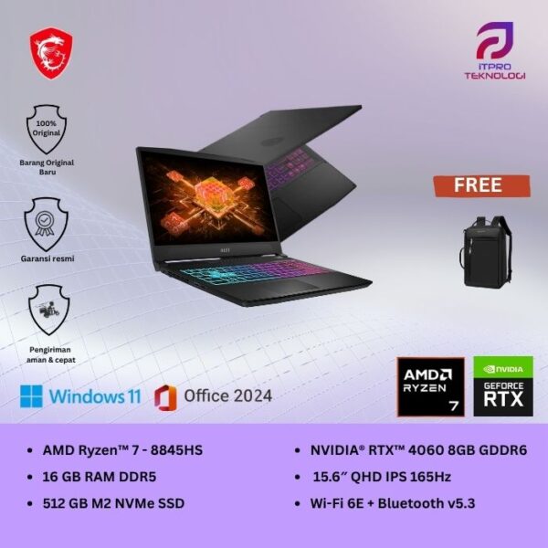 MSI Katana A15 AI B8VF (9S7-158N31-414) Black - Ryzen 7 - 8845HS, 16GB, 512GB SSD, Nvidia RTX4060 8GB, 15.6″ QHD 165Hz, Win 11 Home + OHS2021