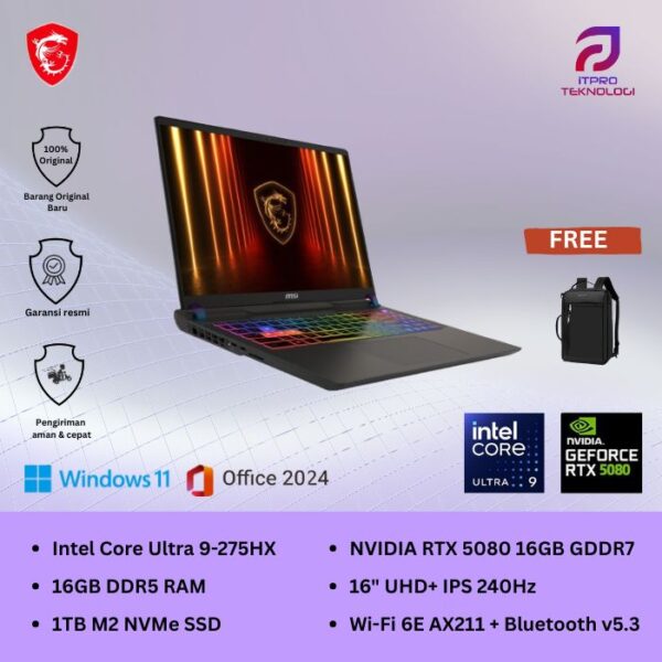 MSI Vector 16 HX AI A2XWIG (9S7-15M352-043) Grey, Ultra 9 - 275HX, 16GB, 1TB SSD, Nvidia RTX5080 16GB, 16″ QHD, Win 11 Home + OHM