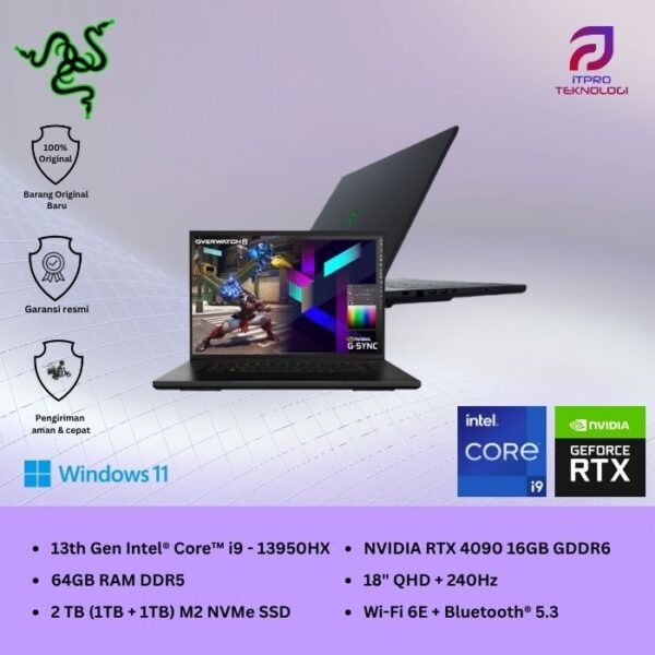 Razer Blade 18 (RZ09-04840EH4-R341) Black, Core i9 - 13980HX, 64GB, 2TB SSD, Nvidia RTX4090 16GB, 18″ QHD, Win 11 Home