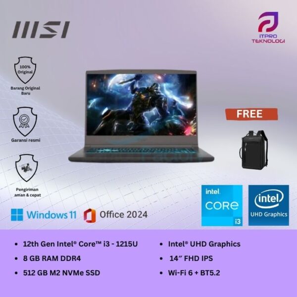 MSI Modern 14 C12MO 1057 1059, Core i3 - 1215U, 8GB, 512GB SSD, 14″ FHD IPS, Win 11 Home + OHS2021