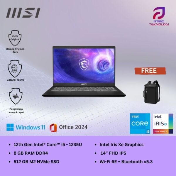 MSI Modern 14 C12MO 1055 1060 1238, Core i5 - 1235U, 8GB, 512GB SSD, 14″ FHD, Win 11 Home + OHS2021