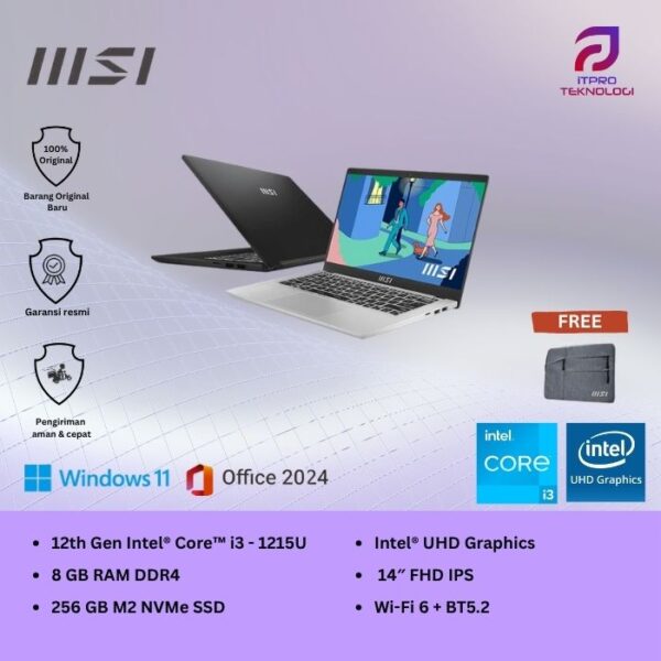 MSI Modern 14 C12MO 1058 1246, Core i3 - 1215U, 8GB, 256GB SSD, 14″ FHD, Win 11 Home + OHS2021