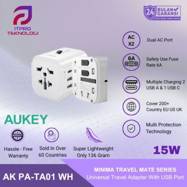AUKEY PA-TA01 Travel Charger Adapter Universal 15W 3 Port USB Type A/C