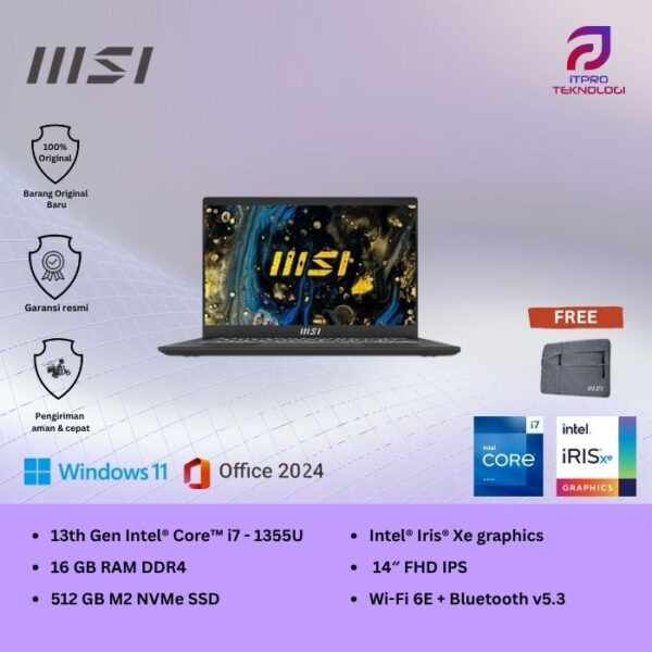 MSI Modern 14 C13M 1046 1049, Core i7 - 1355U, 16GB, 512GB SSD, 14″ FHD, Win 11 Home + OHS2021