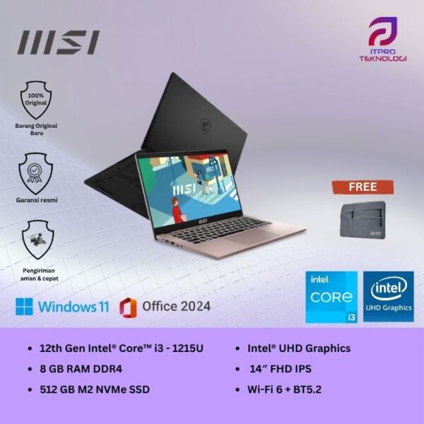 MSI Modern 14 C12MO 1236 1237, Core i3 - 1215U, 8GB, 512GB SSD, 14″ FHD, Win 11 Home + OHS2021