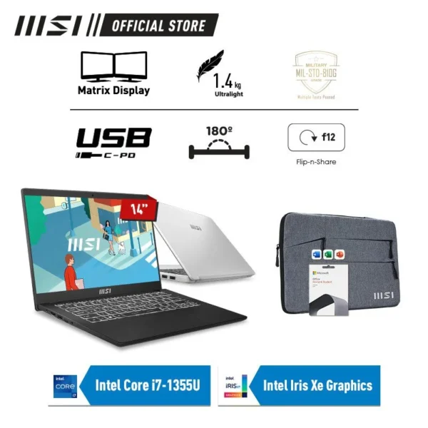 MSI Modern 14 C12MO 1055 1060 1238, Core i5 - 1235U, 8GB, 512GB SSD, 14″ FHD, Win 11 Home + OHS2021