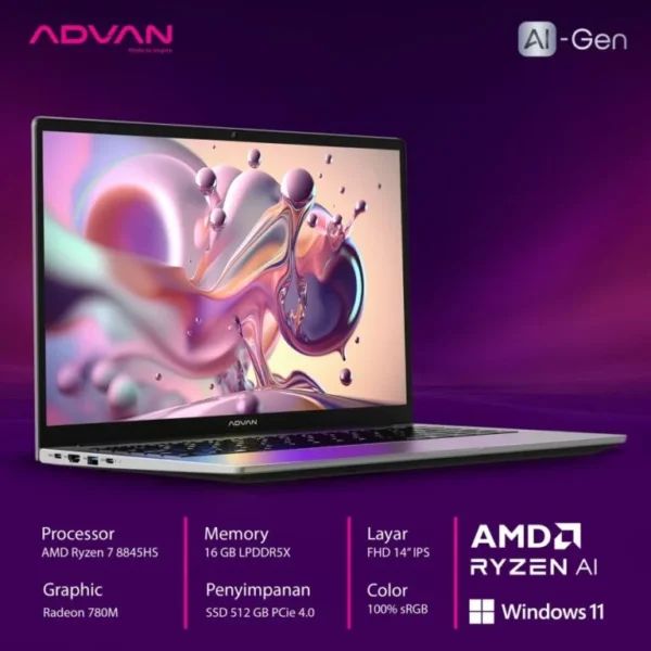 Advan AI Gen Silver, Ryzen 7 - 8845HS, 16GB, 512GB SSD, AMD Grapch, 14″ FHD IPS, Win 11 Home - Gambar 4
