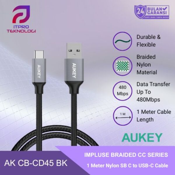 AUKEY Kabel Charger USB C to USB-C 3A Fast Charging Braided Nylon 1M CB-CD5