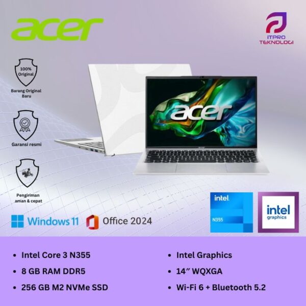 Acer Aspire Lite (14 AL14-32P-37SA) Light Silver, Intel N355, 8GB, 256GB SSD, Intel Graph, 14″WUXGA, Win 11 Home + OHM 2024 + M365