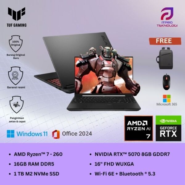 Asus TUF Gaming A16 (FA608UP-R757J6G-HM) Jaeger Gray, Ryzen 7 - 260, 16GB, 1TB SSD, Nvidia RTX 5070 8GB, 16″ FHD WUXGA, Win 11 Home + OHM 2024 + M365