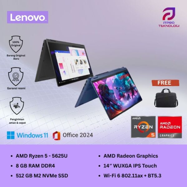 Lenovo Flex 5 14ABR8 Touch 2in1, Ryzen 5 - 5625U, 8GB SSD, 512GB, AMD Graph,14″ WUXGA, W11 + OHS2024 + M365