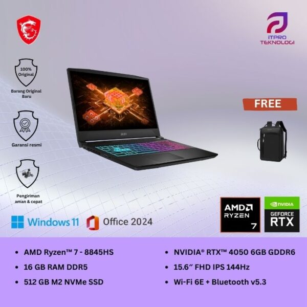 MSI Katana A15 AI B8VE (9S7-158N31-412) Black - Ryzen 7 - 8845HS, 16GB, 512GB SSD, Nvidia RTX4050 6GB, 15.6″ FHD, Win 11 Home + OHS2021