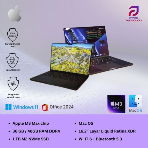 MacBook Pro M3 Max 16 Inch, 14 - 16 core CPU, 30 - 40 core GPU, 36GB - 48GB, 1TB SSD, 16.2″ Retina, MacOS