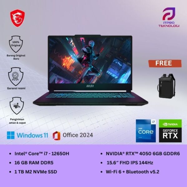 MSI Cyborg 15 A12VE (9S7-15K111-1015) Translucent Black, Core i7 - 12650H, 16GB, 1TB SSD, Nvidia RTX4050 6GB, 15.6″ FHD, Win 11 Home + OHS2021