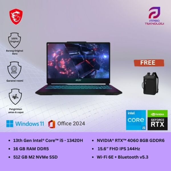 MSI Cyborg 15 A13VFK (9S7-15K111-1057) Translucent Black, Core i5 - 13420H, 16GB, 512GB SSD, Nvidia RTX4060 8GB, 15.6″ FHD 144Hz, Win 11 Home + OHS2021