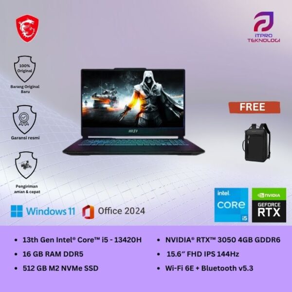 MSI Cyborg 15 A13UC (9S7-15K111-1068) Translucent Black, Core i5 - 13420H, 16GB, 512GB SSD, Nvidia RTX3050 4GB, 15.6″ FHD, Win 11 Home + OHS2021