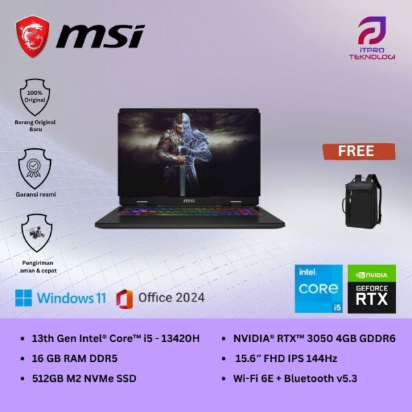 MSI Cyborg 15 A13UC (9S7-15K111-1068) Translucent Black, Core i5 - 13420H, 16GB, 512GB SSD, Nvidia RTX3050 4GB, 15.6″ FHD, Win 11 Home + OHS2021