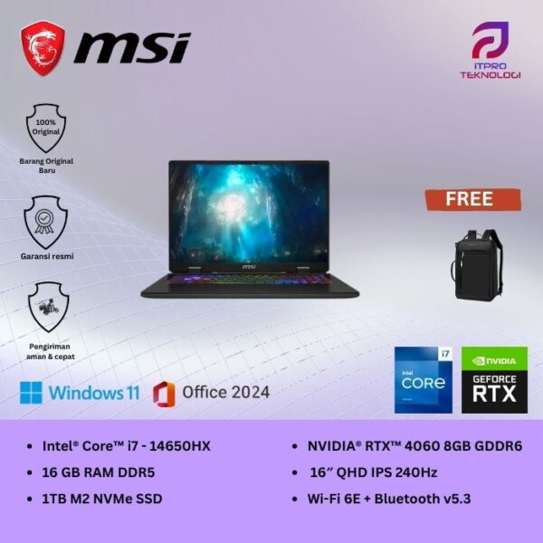 MSI Sword 16 HX B14VFKG (9S7-15P214-613) Gray, Core i7, 14650HX, 16GB, 1TB SSD, Nvidia RTX4060 8GB,16″ QHD, Win 11 Home + OHS2021