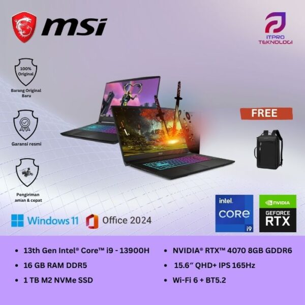 MSI Katana 15 B13VGK (9S7-158571-2079) Black, Core i9 - 13900H, 16GB, 1TB SSD, Nvidia RTX4070 8GB, 15.6″ QHD, Win 11 Home + OHS2021