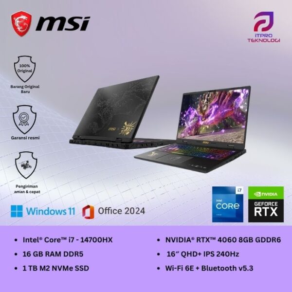 MSI Crosshair 16 HX D14VFKG Monster Hunter Edition (9S7-15P231-420) Core Black, Core i7 - 14700HX, 16GB, 1TB SSD, Nvidia RTX4060 8GB, 16″ QHD, Win 11 Home + OHS2021