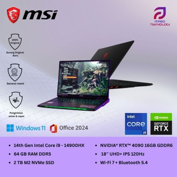 MSI Raider 18 HX A14VIG (9S7-182272-266) Core Black, Core i9 - 14900HX, 64GB, 2TB SSD, Nvidia RTX4090 16GB, 18″ UHD, Win 11 Home + OHS2021