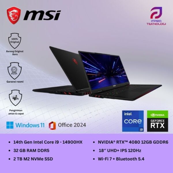 MSI Raider 18 HX A14VHG (9S7-182272-267) Core Black, Core i9 - 14900HX, 32GB, 2TB SSD, Nvidia RTX4080 12GB, 18″ UHD, Win 11 Home + OHS2021