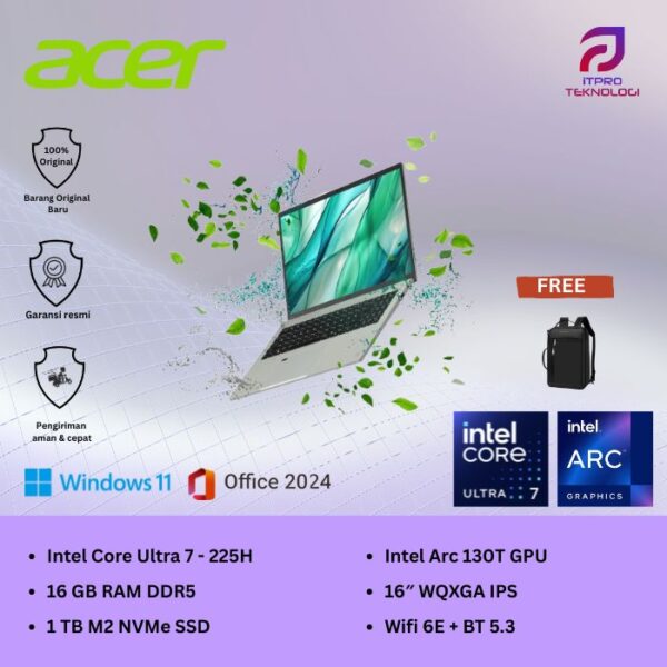 Acer Aspire Vero 16 AI (AV16-71P-71RM) Cobblestone Grey, Intel Core Ultra 7-255U,16GB, 1TB SSD, Arc Graph, 16″ WUXGA, Win 11 Home + OHS 2021