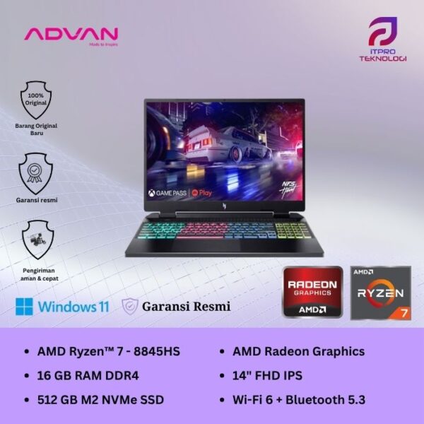 Advan AI Gen Silver, Ryzen 7 - 8845HS, 16GB, 512GB SSD, AMD Grapch, 14″ FHD IPS, Win 11 Home