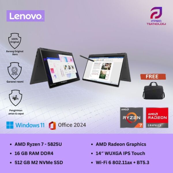 Lenovo Flex 5 14ABR8 Touch 2in1, Ryzen 7 - 5825U, 16GB SSD, 512GB, AMD Graph, 14″ WUXGA, W11 + OHS2024 + M365