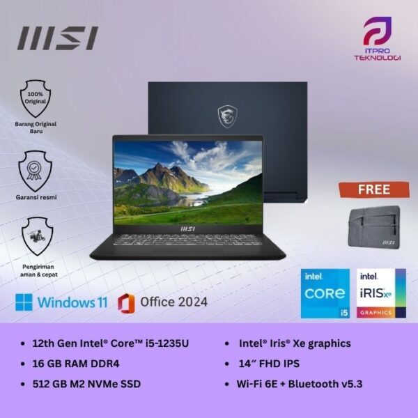 MSI Modern 14 C12MO 1053 1054 - Core i5-1235U, 16GB, 512GB SSD, 14″ FHD, Win 11 Home + OHS2021