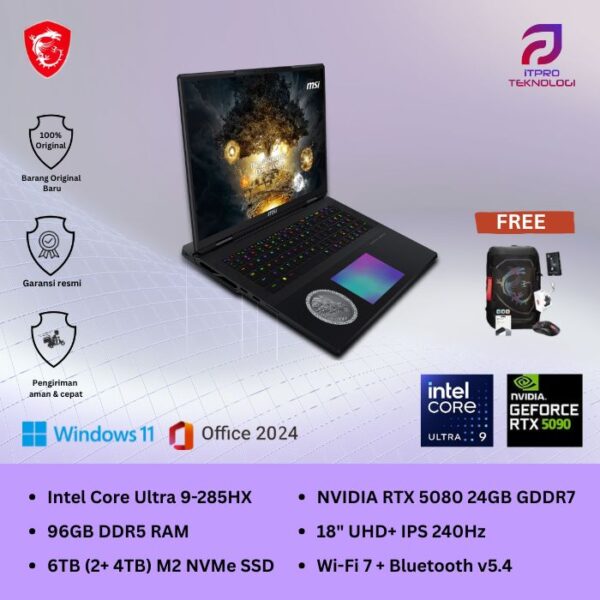 MSI TITAN 18 HX Dragon Edition Norse Myth A2XWJG (9S7-1824A5-282), Intel Core Ultra 9 - 285HX, 96GB, 6TB SSD, Nvidia RTX5090 24GB, 18″ UHD, Win 11 Home + OHM, Dragon Edition Myth