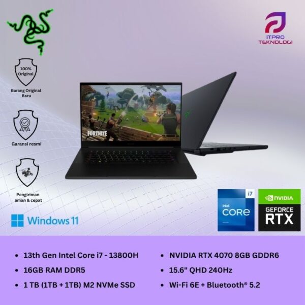 Razer Blade 15 (RZ09-0485ZED3-R341) Black, Core i7 - 13800H, 16GB, 1TB SSD, Nvidia RTX4070 8GB, 15.6″ QHD, Win 11 Home