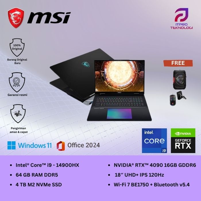 MSI Titan 18 HX A14VIG (9S7-182221-436) Core Black, Core i9 - 14900HX, 64GB, 4TB SSD, Nvidia RTX4090 16GB, 18″ UHD, Win 11 Home + OHS2021