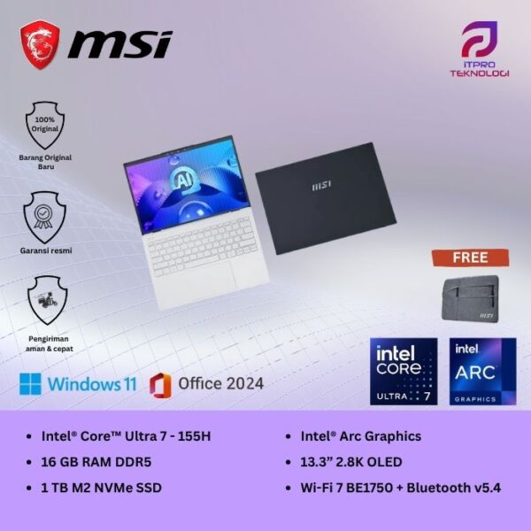 MSI Prestige 13 AI Evo A1MG (9S7-13Q222-098) Stellar Gray, Core Ultra 7 - 155H, 16GB, 1TB SSD, 13.3″ 2.8K OLED, Win 11 Home + OHS2021