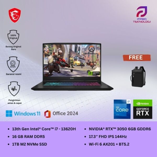 MSI Katana 17 B13UDXK (9S7-17L541-1240) Black, Core i7 - 13620H, 16GB, 1TB SSD, Nvidia RTX3050 6GB, 17.3″ FHD, Win 11 Home + OHS2021