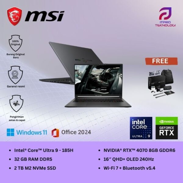 MSI Stealth 16 Mercedes AMG A1VGG (9S7-15F423-279) Selenite Gray, Ultra 9 - 185H, 32GB, 2TB SSD, Nvidia RTX4070 8GB, 16″ QHD+ OLED, Win 11 Home + OHS2021