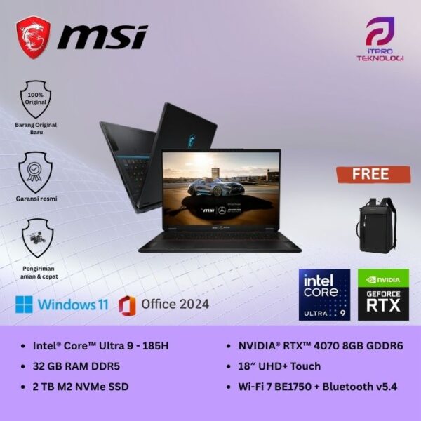 MSI Stealth 18 AI Studio A13VGG (9S7-183211-015) Midnight Black, Ultra 9 - 185H, 32GB, 2TB SSD, Nvidia RTX4070 8GB, 18″ UHD, Win 11 Home + OHS2021