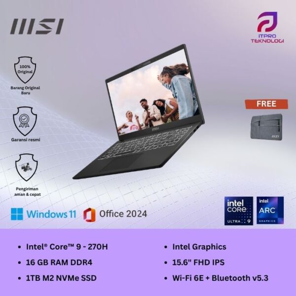 MSI Modern 15 H C2RMG (9S7-15H431-279) Classic Black, Core 9 - 270H, 16GB, 1TB SSD, Intel Graph, 15.6″ FHD, Win 11 Home + OHS2021