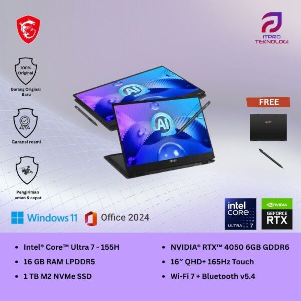 MSI Summit E16 AI Studio A1VETG (9S7-159621-049) Ink Black, Ultra 7 - 155H, 16GB, 1TB SSD, Nvidia RTX4050 6GB, 16″ QHD+ Touch, Win 11 Home + OHS2021