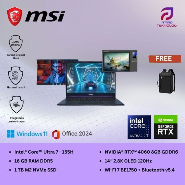MSI Stealth 14 AI Studio A1VFG (9S7-14K212-078) Star Blue, Ultra 7 - 155H, 16GB, 1TB SSD, Nvidia RTX4060 8GB, 14″ 2.8K OLED, Win 11 Home + OHS2021