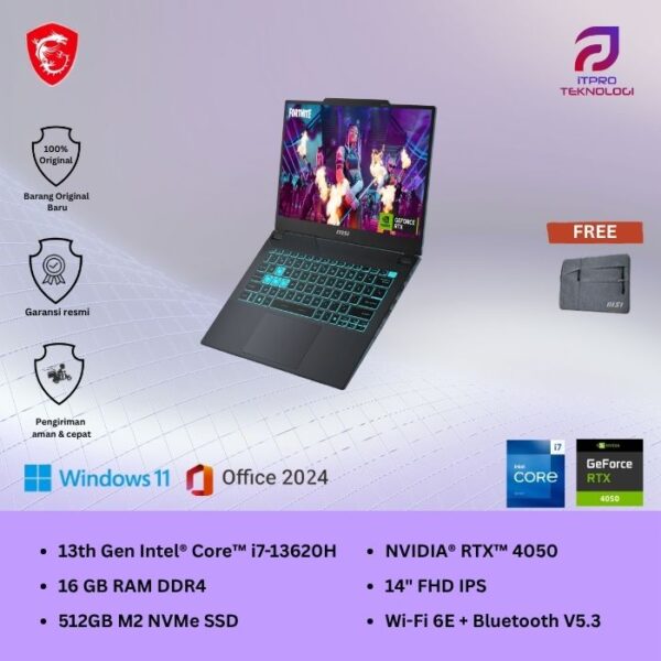 MSI Cyborg 14 A13VE (9S7-14P111-024) Translucent Black, Core i7 - 13620H, 16GB, 512GB SSD, Nvidia RTX4050, 14″ FHD, Win 11 Home + OHS2021