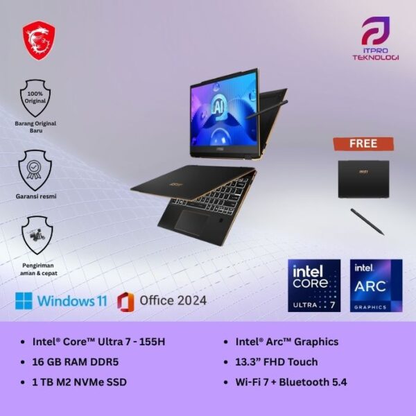 MSI Summit E13 AI Evo A1MTG (9S7-13P411-033) Ink Black, Ultra 7 - 155H, 16GB, 1TB SSD, Intel Arc, 13.3″ FHD+ Touch, Win 11 Home + OHS2021
