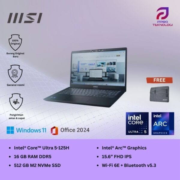 MSI Modern 15 H AI C1MG (9S7-15H551-017) Black, Ultra 5 - 125H, 16GB, 512GB SSD, 15.6″ FHD, Win 11 Home + OHS2021