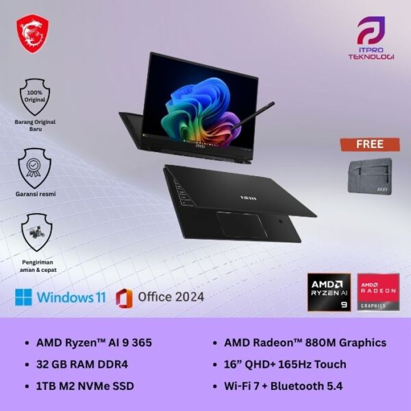 MSI Summit A16 AI + A3HMTG 041 (9S7-159K21-041) Ink Black, Ryzen AI 9 365/32GB, 1TB SSD, AMD Graph,16″ QHD Touch, Win 11 Home + OHS2021