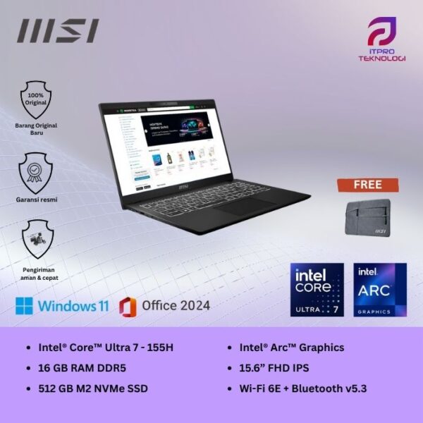 MSI Modern 15 H AI C1MG (9S7-15H551-018) Classic Black, Ultra 7 - 155H, 16GB, 512GB SSD, Arc Graph, 15.6″ FHD, Win 11 Home + OHS2021