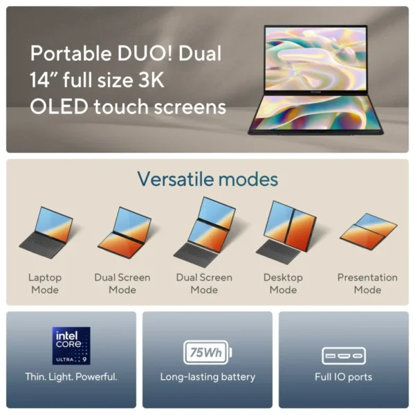 Asus Zenbook Duo (UX8406MA-OLEDS711) Inkwell Grey, Intel Core Ultra 7 - 155H, 16GB, 1TB SSD, Arc Graph, 14″ 3K Touch, Win 11 Home + OHS 2021