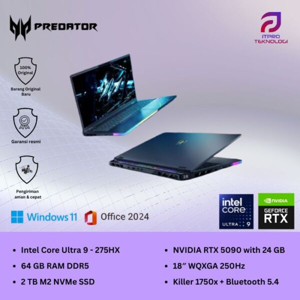 Acer Predator Helios 18 AI (PH18-73-92RM) Black, Intel Core Ultra 9 - 275HX, 64GB, 2TB SSD, Nvidia RTX5090 24GB,18″ WQXGA, Win 11 Home + OHM 2024