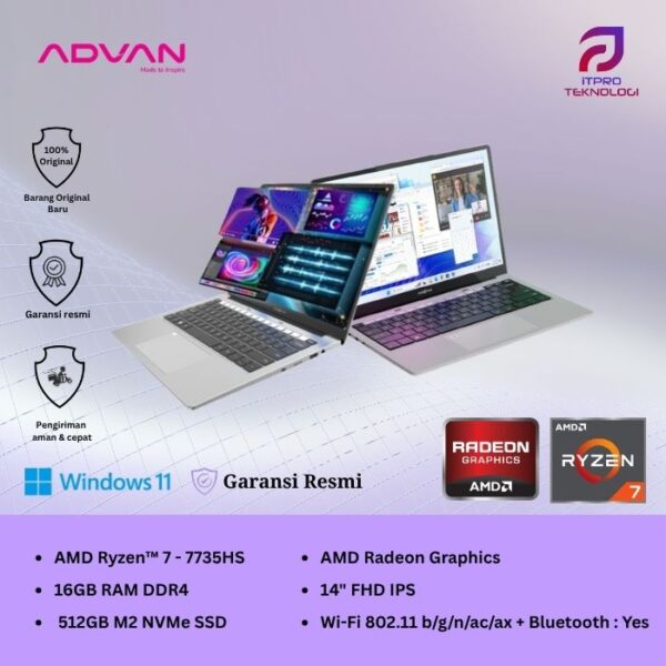 Advan Workplus, Ryzen 7 - 7735HS,16GB, 512GB SSD, AMD Graph, 14″ FHD, Win 11 Home