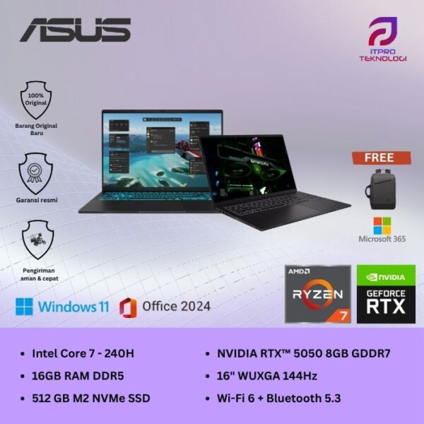 Asus V16 (V3607VH I7N55B6T HM) Matte Black, Intel Core 7 - 240H, 16GB, 512GB SSD, Nvidia RTX5050 8GB,16″ WUXGA, Win 11 Home + OHM 2024 + M365
